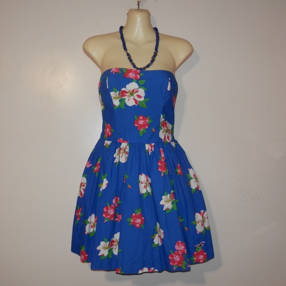 Hollister Dresses & Skirts - Hollister M Dress Blue Strapless Floral Mini E410
